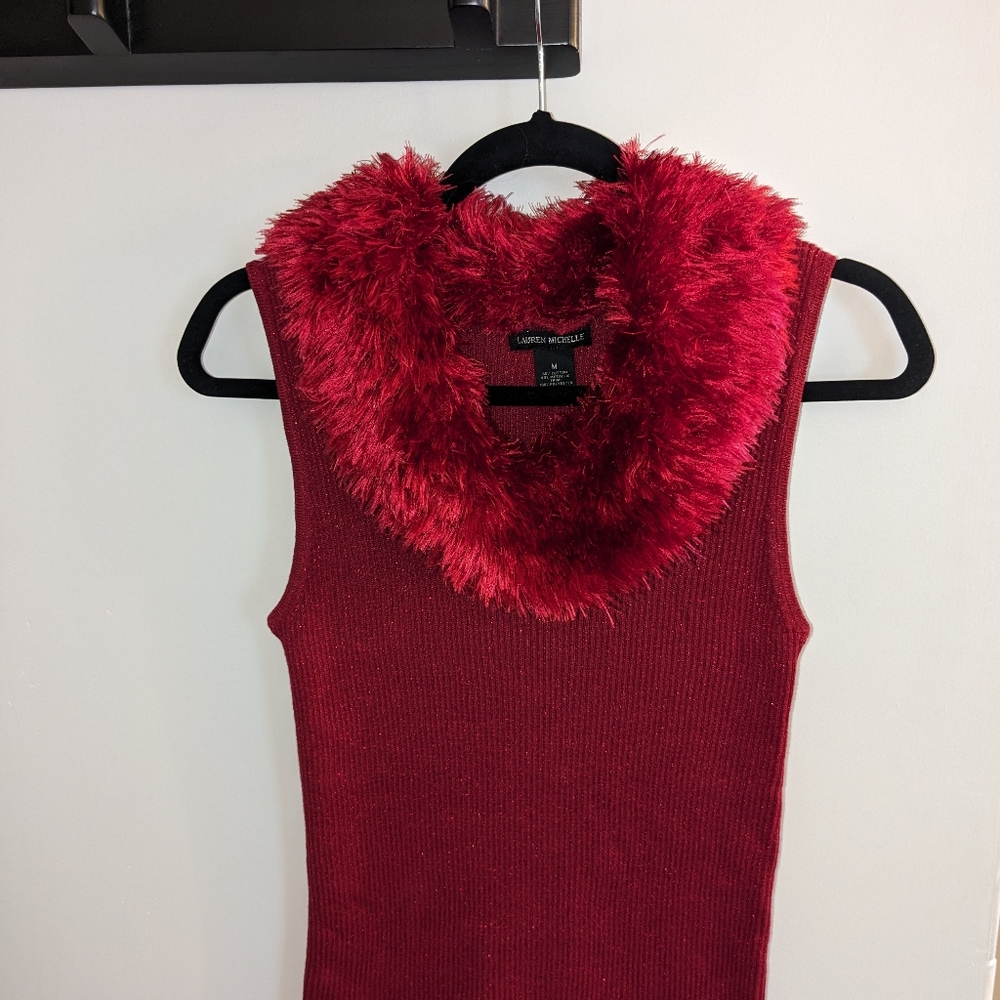 Holiday Beautiful Deep Red Furry Collar Blouse